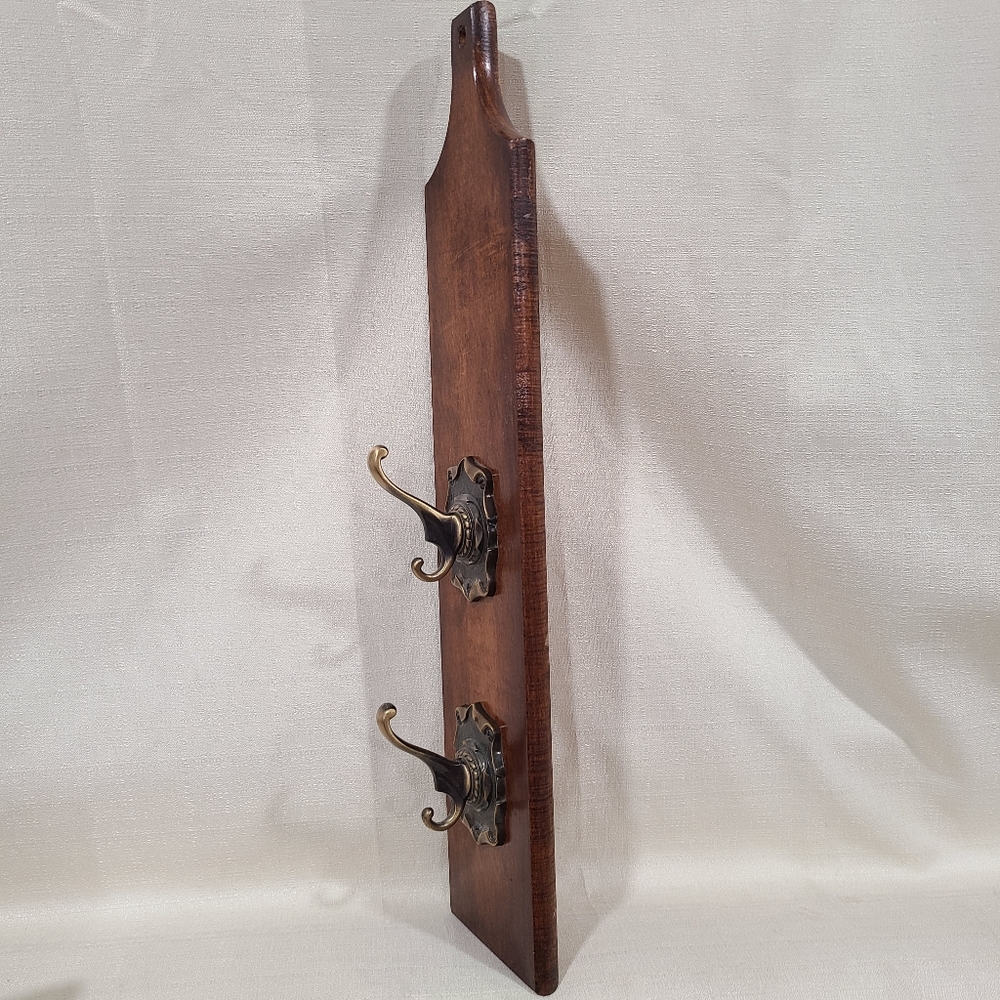 Wood Wall Hook Rack with Brass Double Hooks - Brown